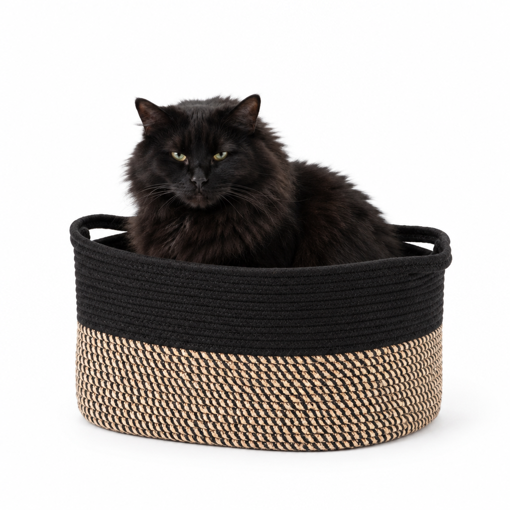 Large fluffy black cat sitting inside the Woven Cotton Rope Gift Basket for scale