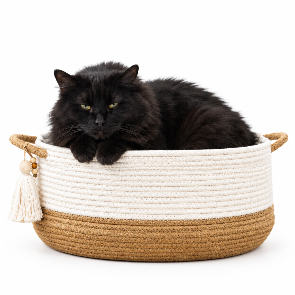 Large fluffy black cat sitting inside the Large Cotton Rope Gift Basket for scale