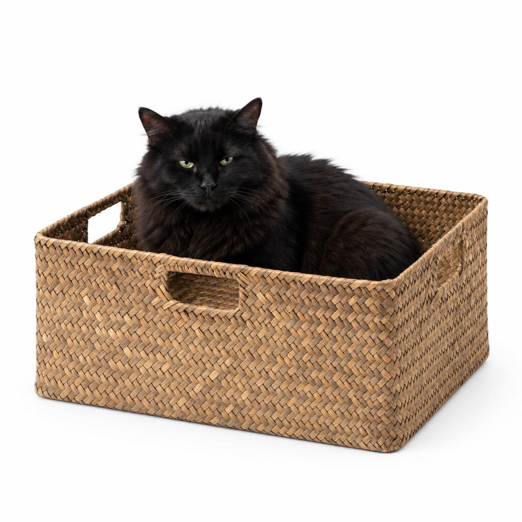 Large fluffy black cat sitting inside the Large Water Hyacinth Gift Basket for scale
